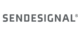 Animiertes SENDESIGNAL Logo in grauer Wortmarke auf weißem Hintergrund.