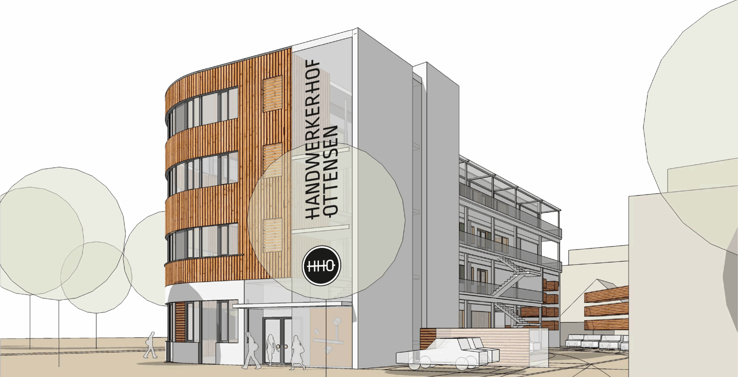 Architektur- und Designkonzept Handwerkerhof Ottensen Architekturillustration des Handwerkerhof Ottensen mit moderner Holzfassade, Logo und vertikalem Schriftzug an der Gebäudefront.