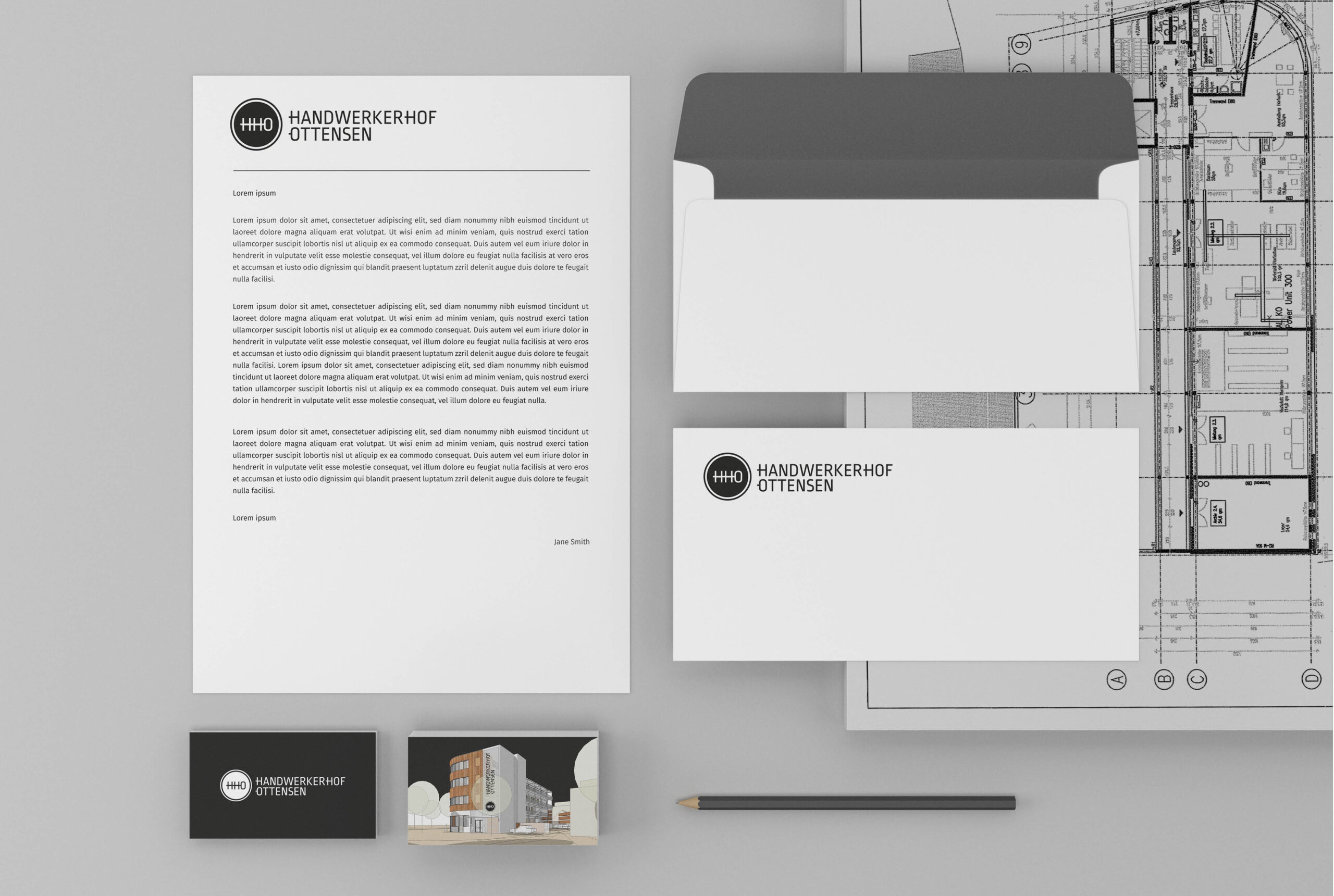 Corporate Design Handwerkerhof Ottensen Geschäftsausstattung des Handwerkerhof Ottensen mit Briefpapier, Umschlägen und Visitenkarten im klaren Schwarz-Weiß-Design.