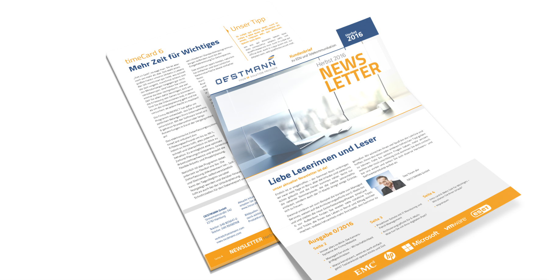 Oestmann Newsletter im Corporate Design Newsletter der Oestmann GmbH im Corporate Design mit klarer Typografie, modernen Farben und IT-Themenfokus.