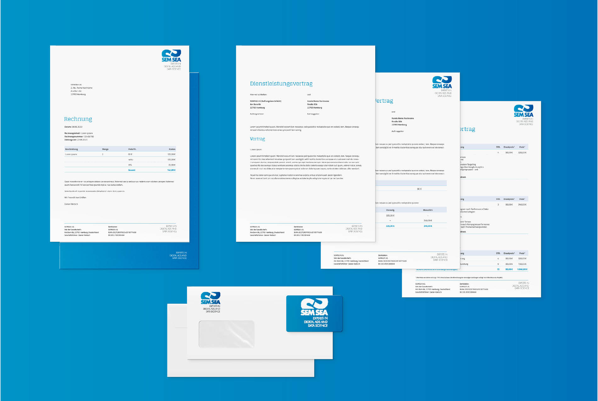 Geschäftsausstattung von SEMSEA mit Briefpapier, Verträgen und Briefumschlägen im klaren blauen Corporate Design.