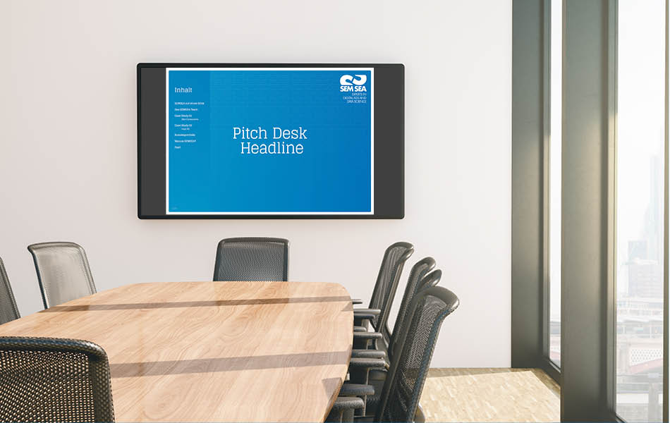 SEMSEA Pitch-Deck Präsentation im modernen Corporate Design, gezeigt auf einem Bildschirm in einem Konferenzraum.