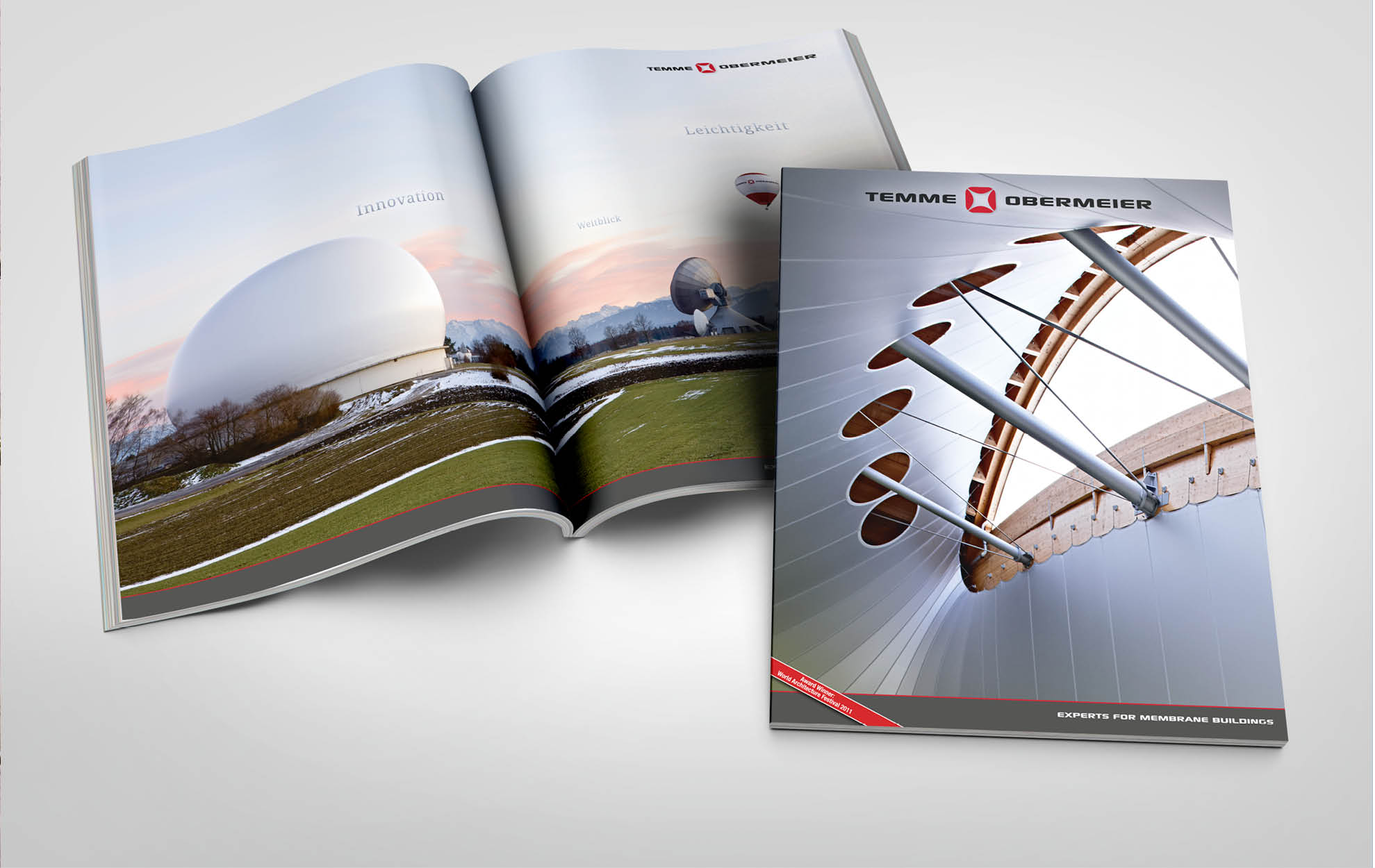 Temme Obermeier Broschüre im Corporate Design Imagebroschüre von Temme Obermeier im Corporate Design mit Architektur- und Technikfokus auf Membranbauten.