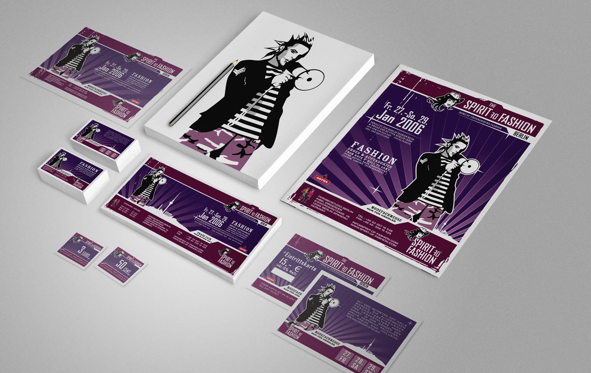The Spirit of Fashion – Eventkommunikation & Corporate Design Gestaltete Eventmedien und Printkampagne für „The Spirit of Fashion Berlin“ mit Flyer, Plakaten, Tickets und Illustration einer Punkfigur.