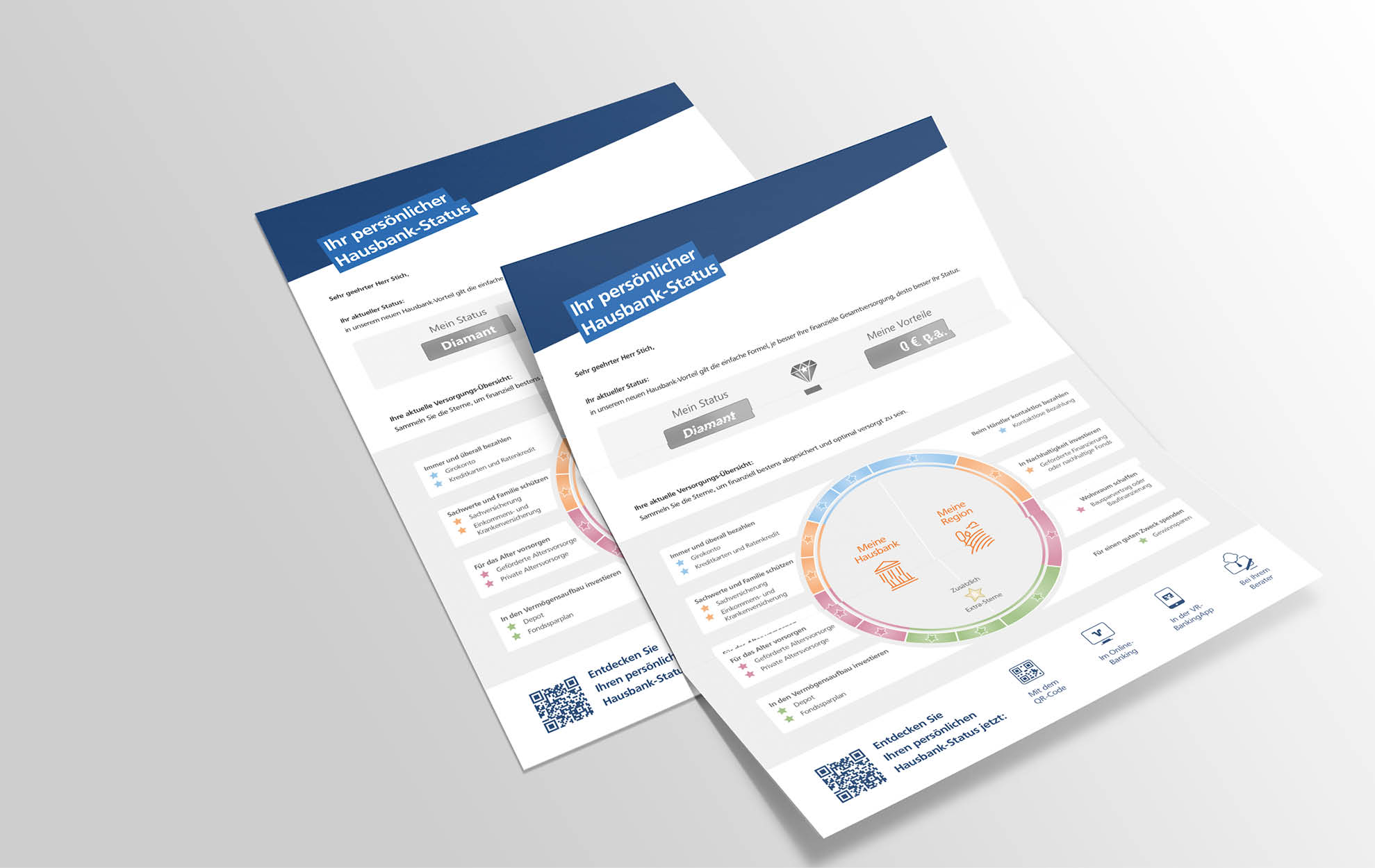 Zwei Ausdrucke mit dem persönlichen Hausbank-Status der Volksbank, inklusive Kreisdiagramm und Vorteilsübersicht.