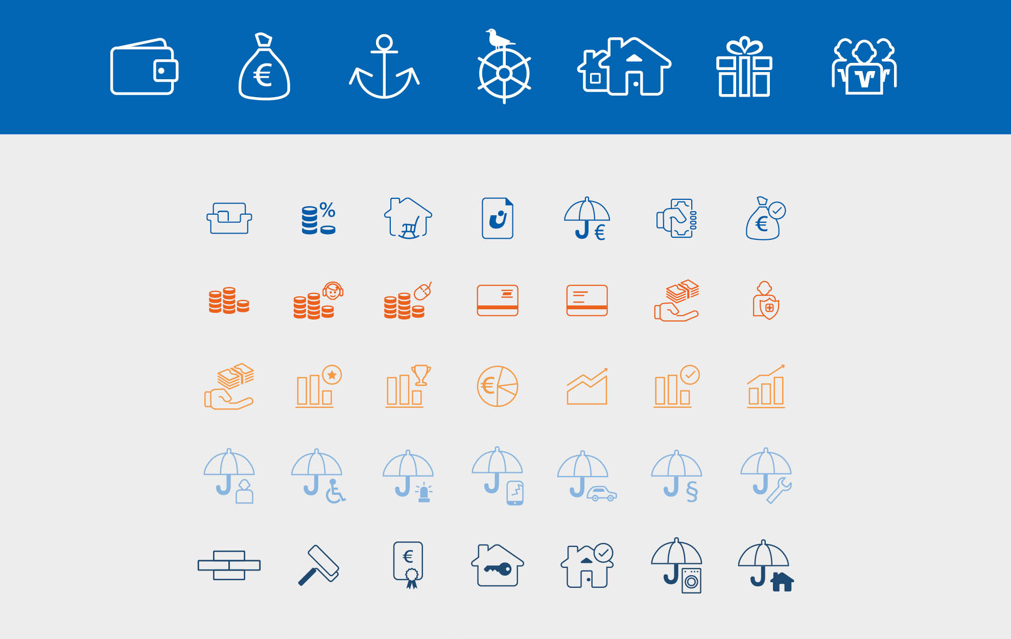 Iconset für den Volksbank Kiel Versorgungs-Check mit Symbolen zu Finanzen, Versicherung und Vorsorge in Blau und Orange.