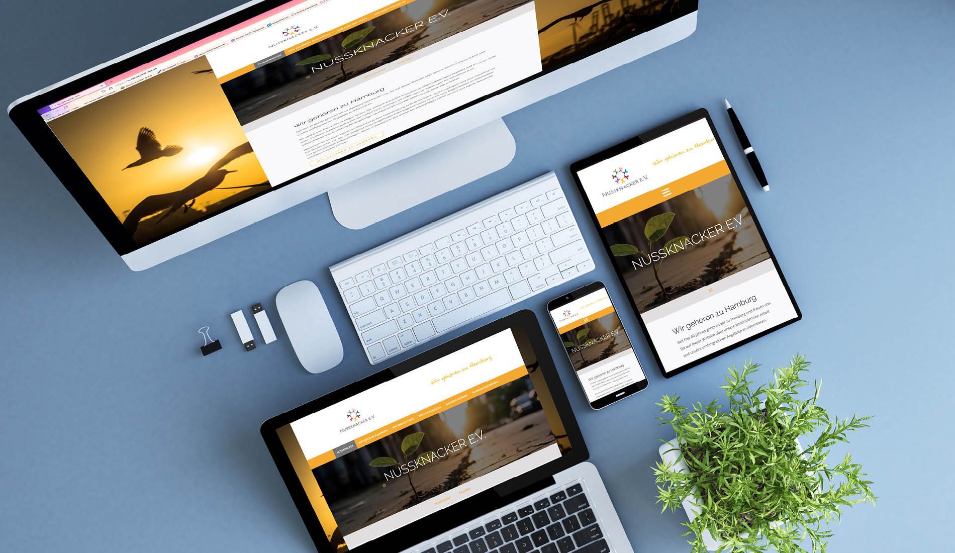 Website des Nussknacker e.V. im responsiven Design auf Desktop, Tablet und Smartphone dargestellt.