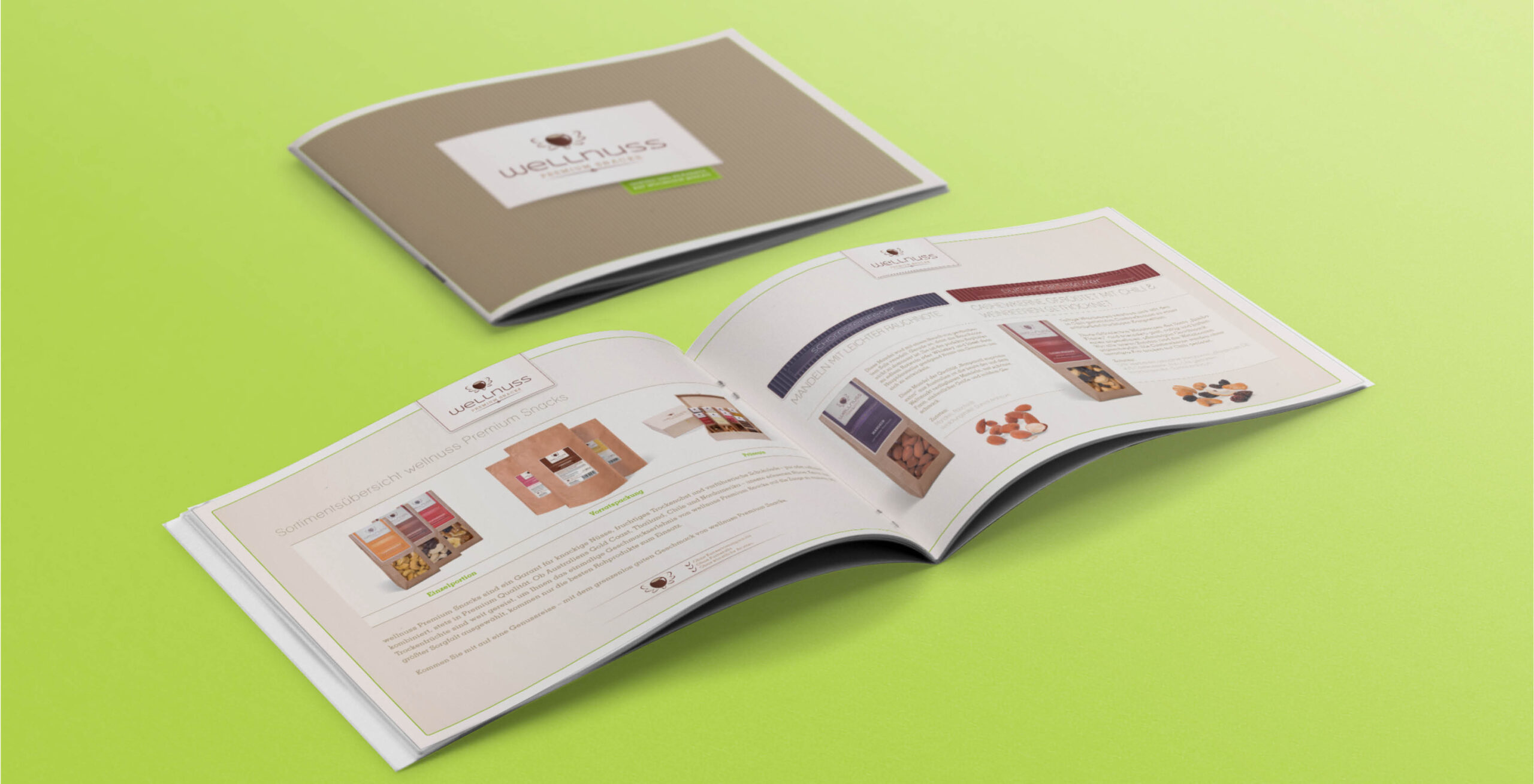 Wellnuss – Imagebroschüre & Markenkommunikation Imagebroschüre von Wellnuss Premium Snacks mit klarer, moderner Gestaltung und Produktpräsentation auf hellem, grünem Hintergrund.